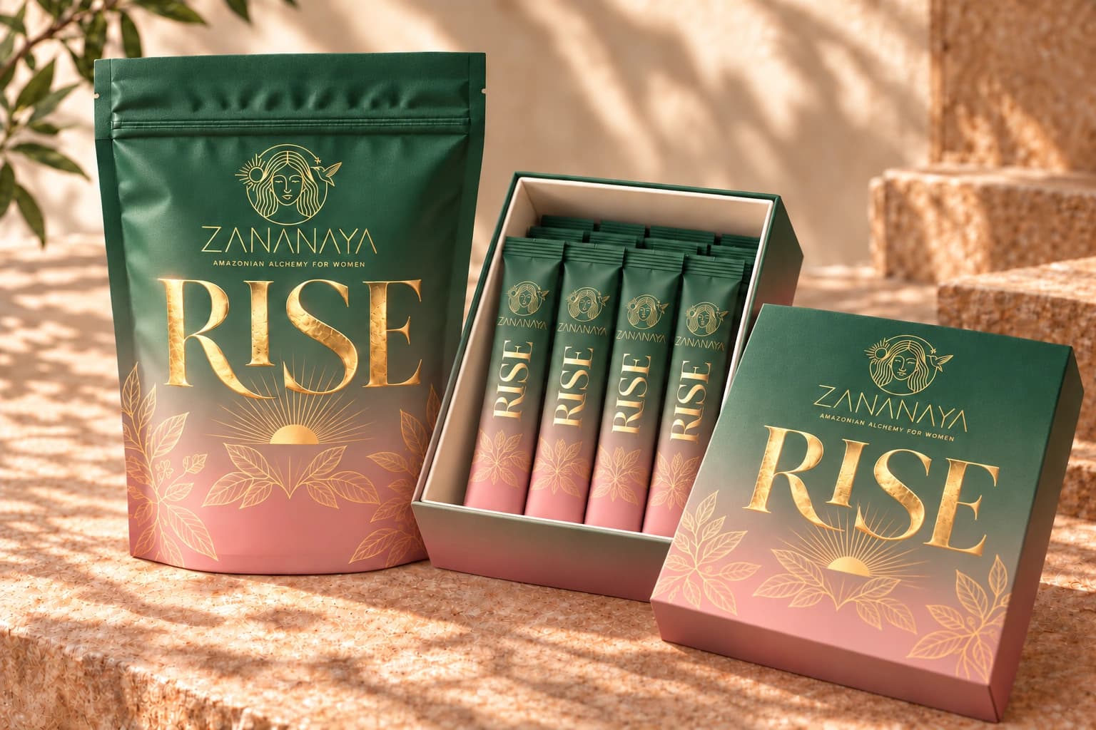 RISE packaging concept: green-to-pink ombré pouch, box and sachets with gold details
